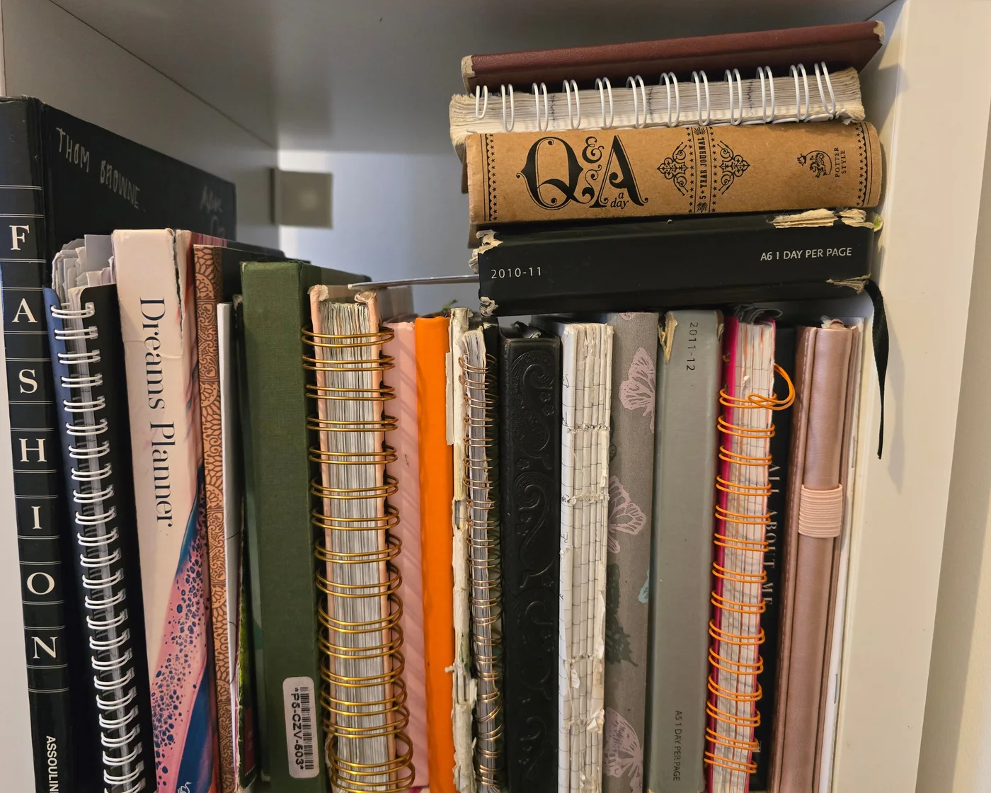 A shelf filled with Iyabo Bello's physical journals